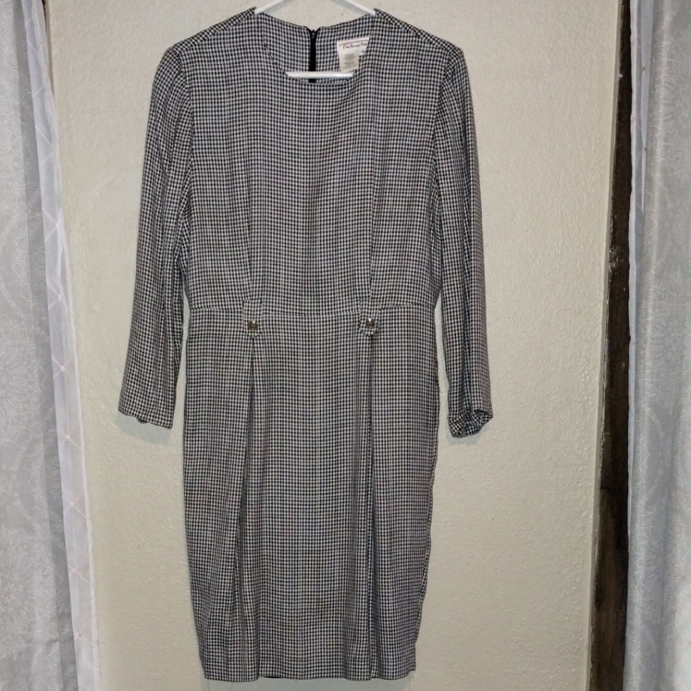 Talbots Gray and White Sheath Dress with Long Sleeves